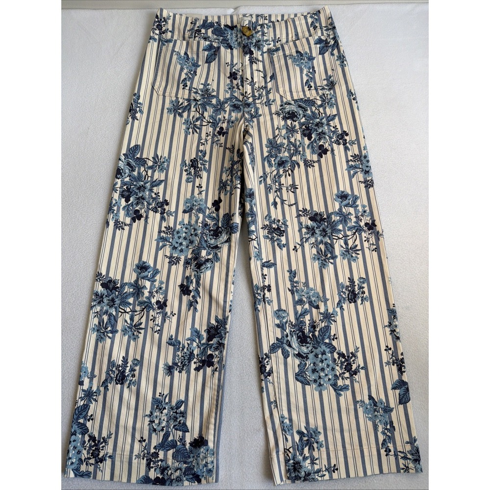 Maeve Anthropologie The Colette Full Length Floral Pants Blue Cream Size 34